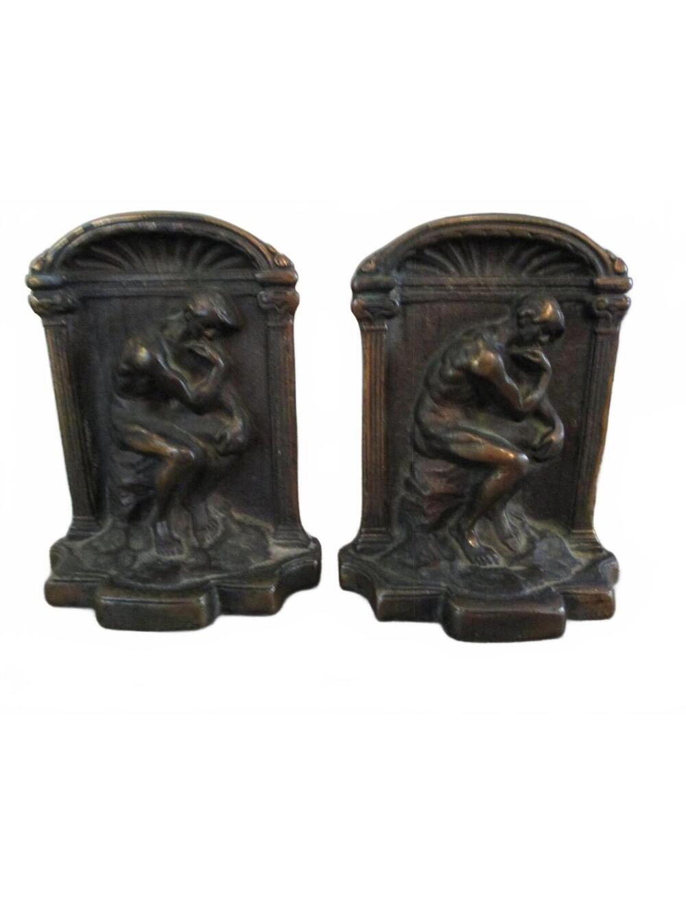 Antique Heavy Cast Iron The Thinker Bookends Pair 1920s Art Deco Rodin 4lb 13oz